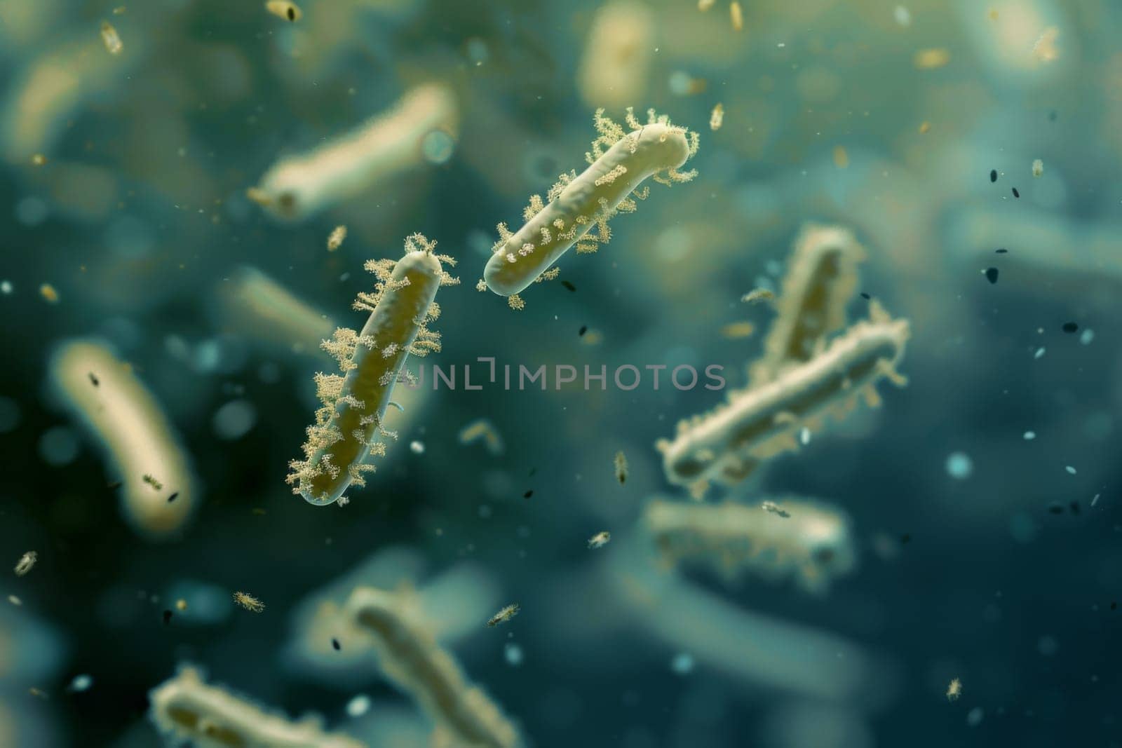 A cluster of microscopic germs suspended in the water, showing the unseen world of microorganisms thriving in their aquatic environment.