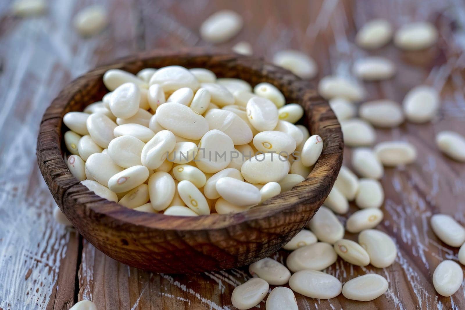 A wooden bowl filled to the brim with white beans sits atop a sturdy wooden table. The beans are neatly arranged inside the bowl, creating a simple yet striking visual. The tables grain adds texture to the scene.