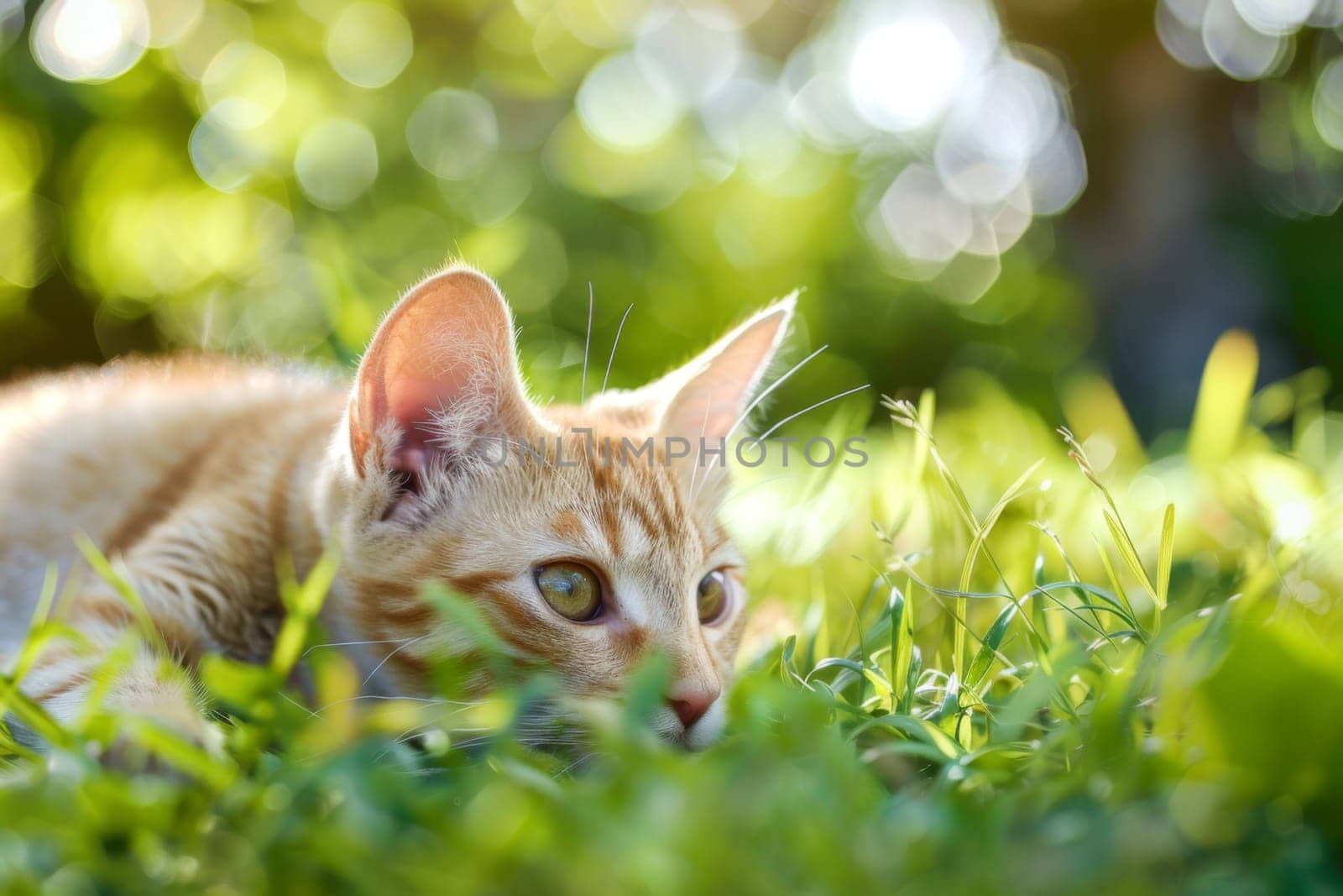 A cat is relaxing in the grass, gazing directly at the camera with curiosity. Its fur blends with the green surroundings, creating a harmonious scene.
