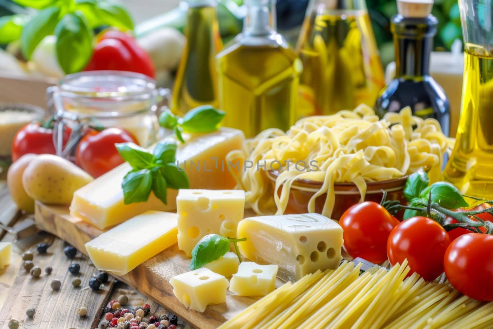 A wooden cutting board is covered with an assortment of different types of food. Included are fruits, vegetables, cheeses, meats, and crackers, creating a colorful and appetizing display.