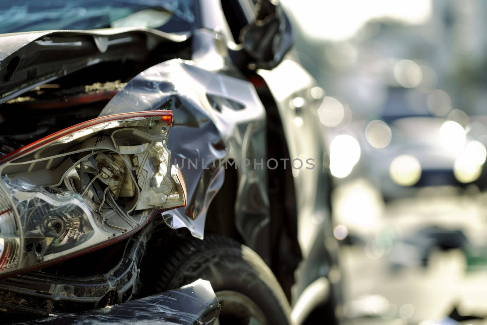 A detailed view of a car with visible dents and scratches parked on the roadside. The vehicle appears to have been in an accident, with its bumper partially hanging off.