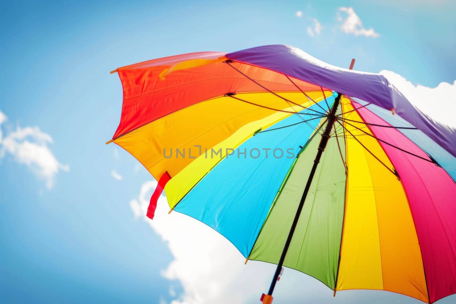 A multicolored umbrella stands out against a clear blue sky in the background. The vibrant colors of the umbrella contrast beautifully with the serene sky above in this simple yet striking image.