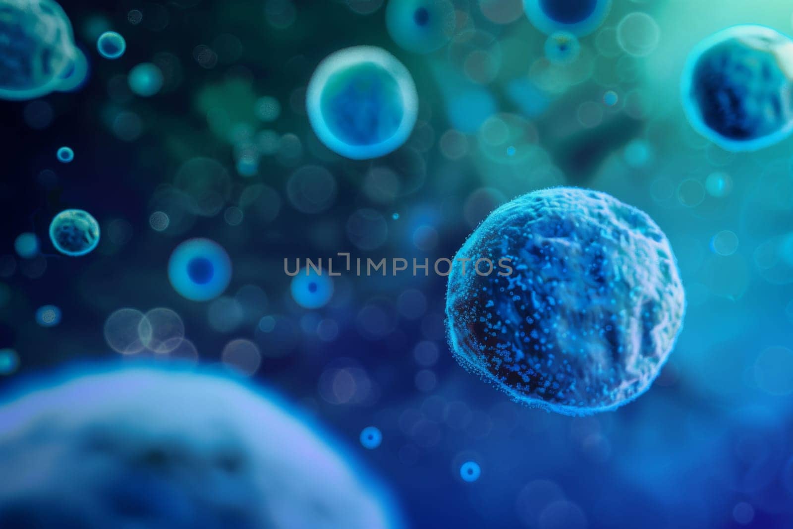 A cluster of blue bubbles floating in mid-air, suspended against a clear background. The bubbles vary in size, with some smaller and others larger, creating a whimsical and playful scene.