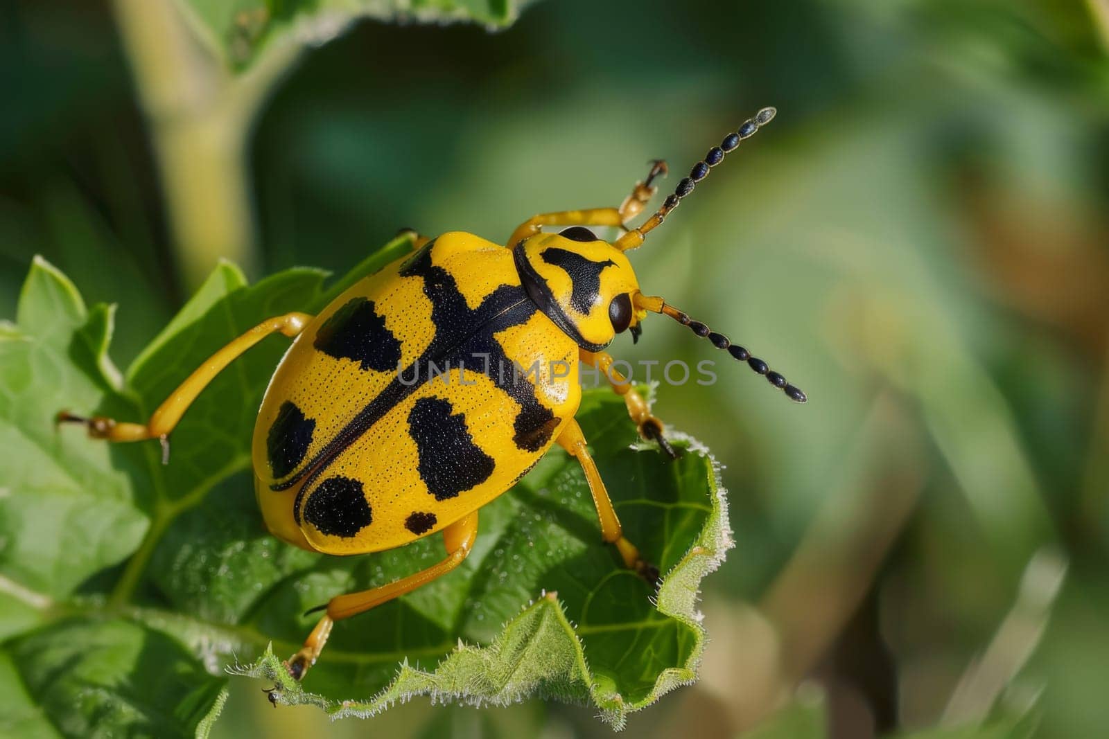 A yellow and black bug is perched on the edge of a green leaf. The bugs bright colors contrast with the vibrant green of the leaf, creating a striking visual moment in nature.
