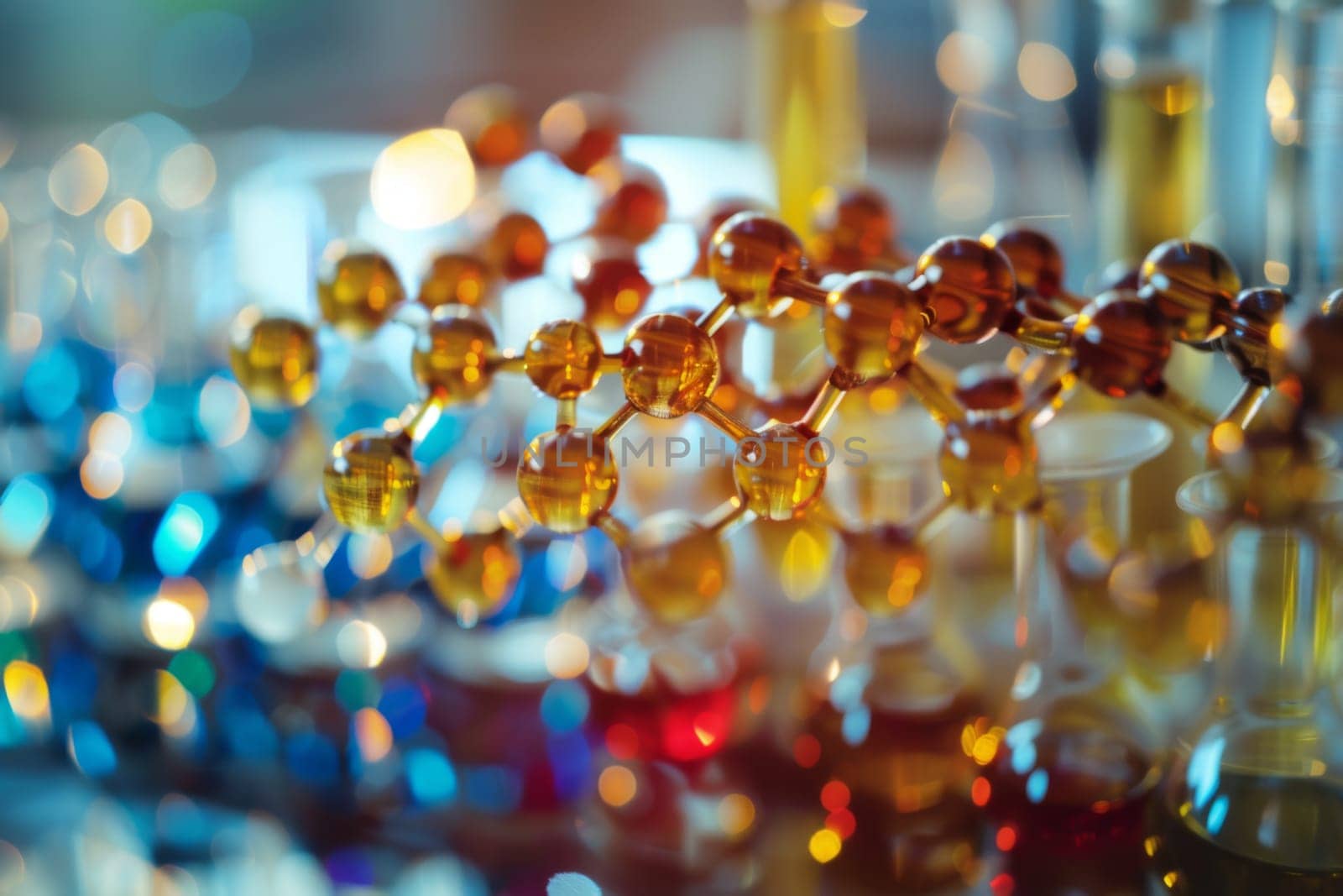 A variety of differently colored beads, including red, blue, green, and yellow, are scattered haphazardly on top of a wooden table. The beads appear to be plastic or glass and reflect the light in various ways.