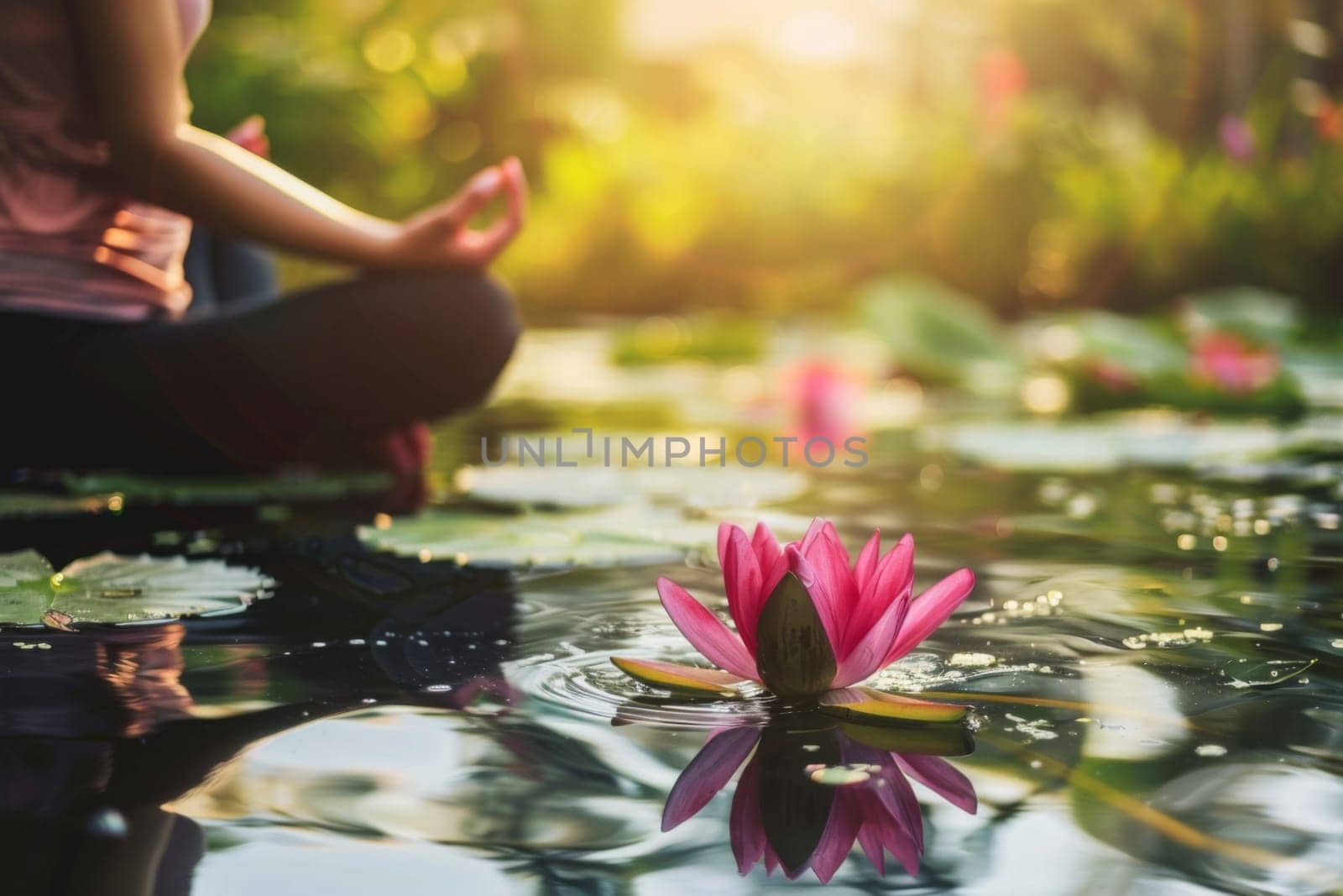A person is seated in a lotus position on a body of water, showcasing balance and concentration in a serene environment. The calm water reflects the peaceful surroundings.