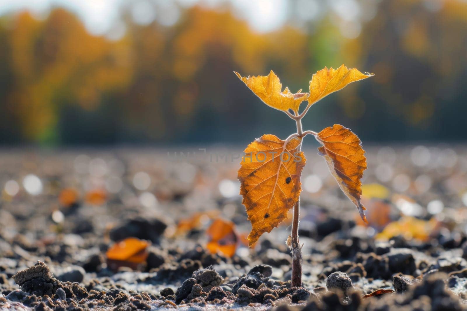 A single green leaf is sprouting from the earth, showcasing the beginning stages of growth and new life in nature. The leaf is surrounded by soil and small rocks, with the sun shining down on it.
