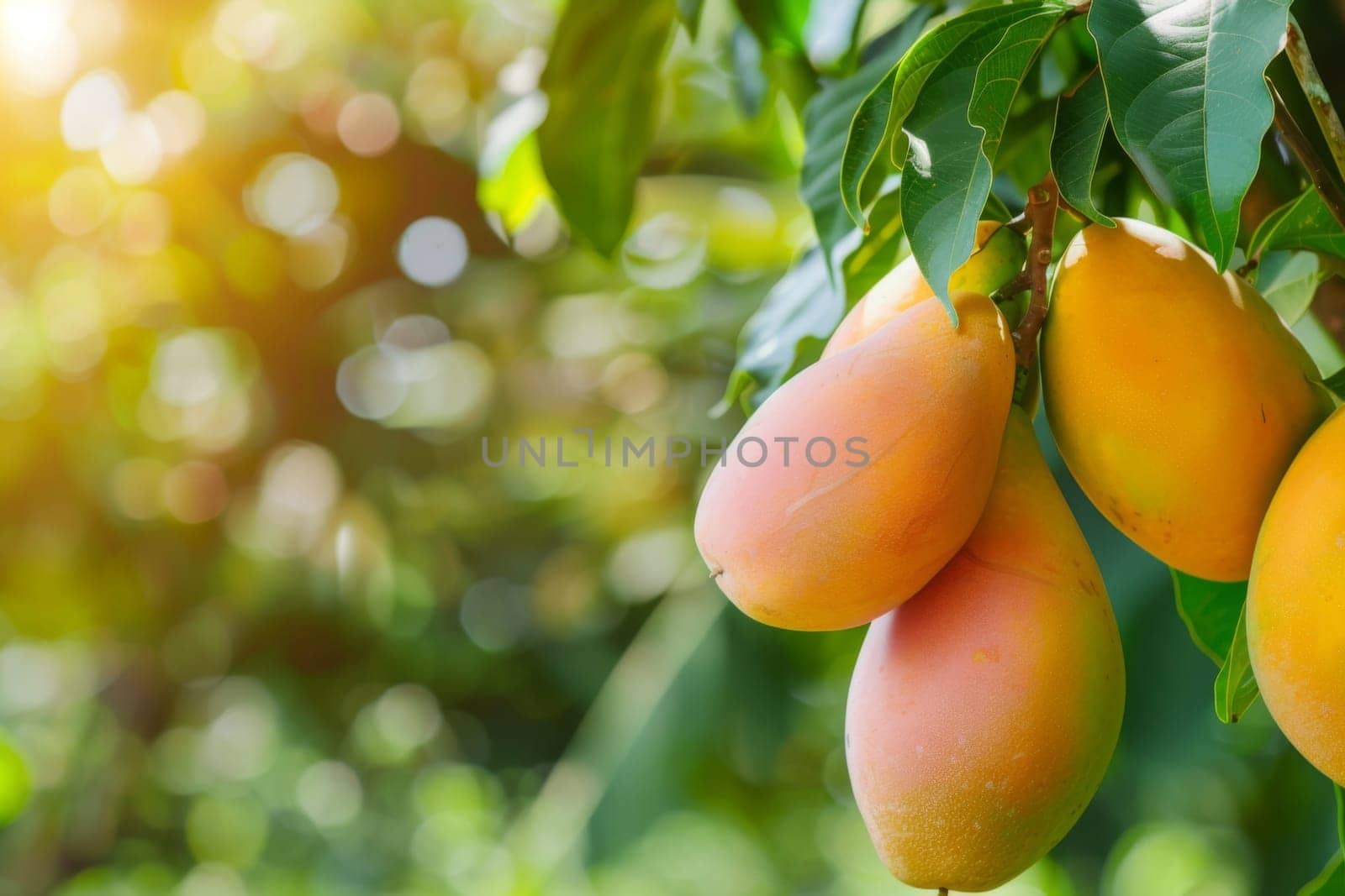 A cluster of various ripe fruits, such as apples, oranges, and bananas, dangles from the branches of a tree. The vibrant colors and diverse shapes of the fruit create a striking visual display in the natural setting.