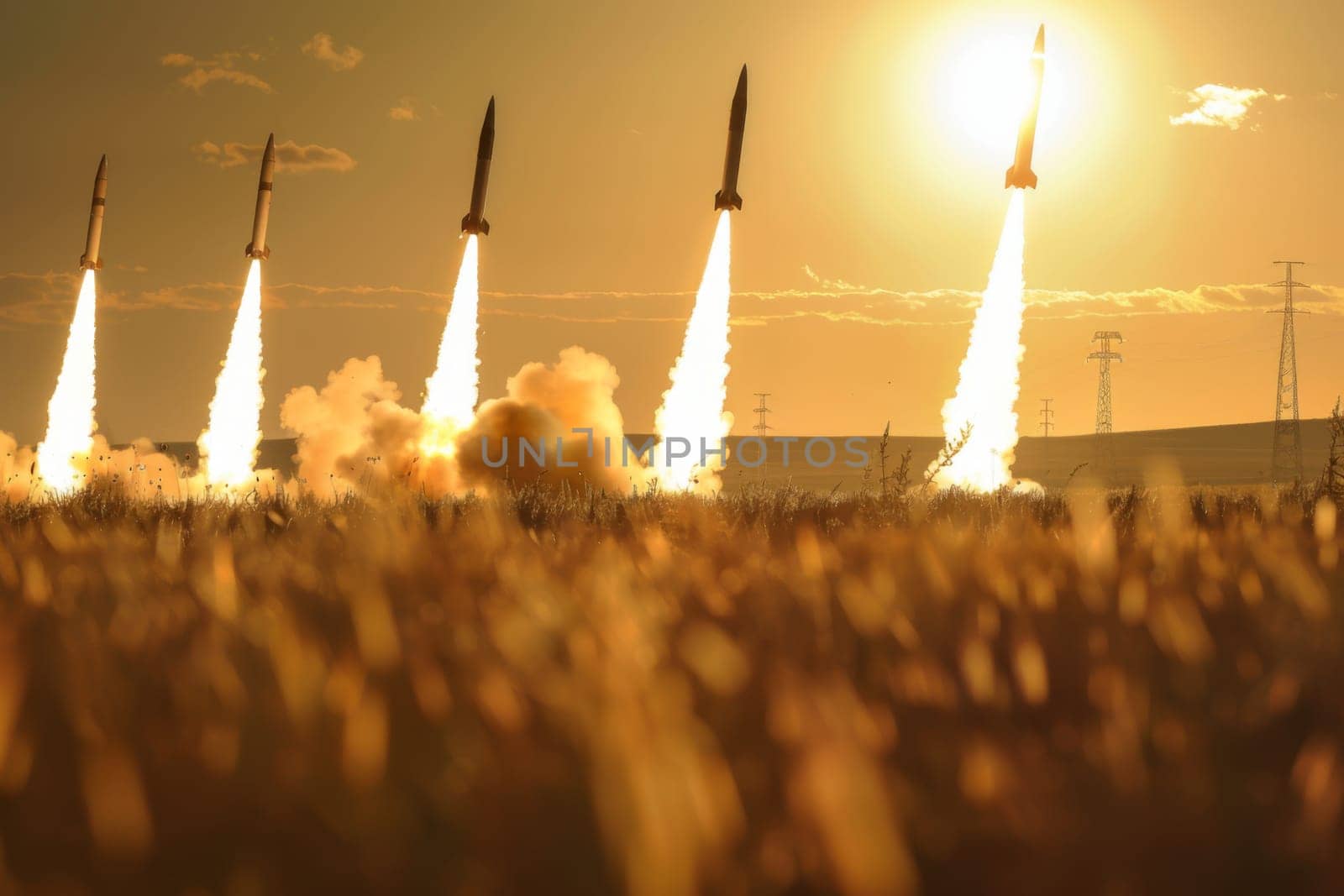 A cluster of rockets streaking through the sky, emitting flames and smoke as they ascend towards the outer atmosphere. The fast-moving projectiles leave behind a trail of propulsion and energy.