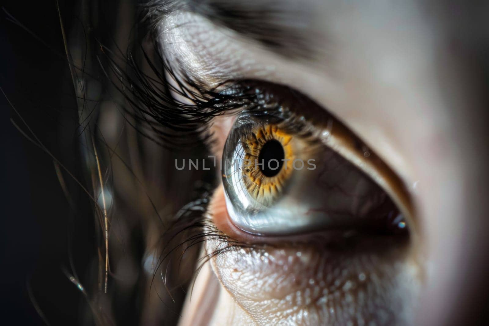 A detailed view of a human eye featuring a striking yellow iris, showcasing intricate patterns and textures. The iris is the colored part of the eye surrounding the pupil, responsible for controlling the amount of light entering the eye.