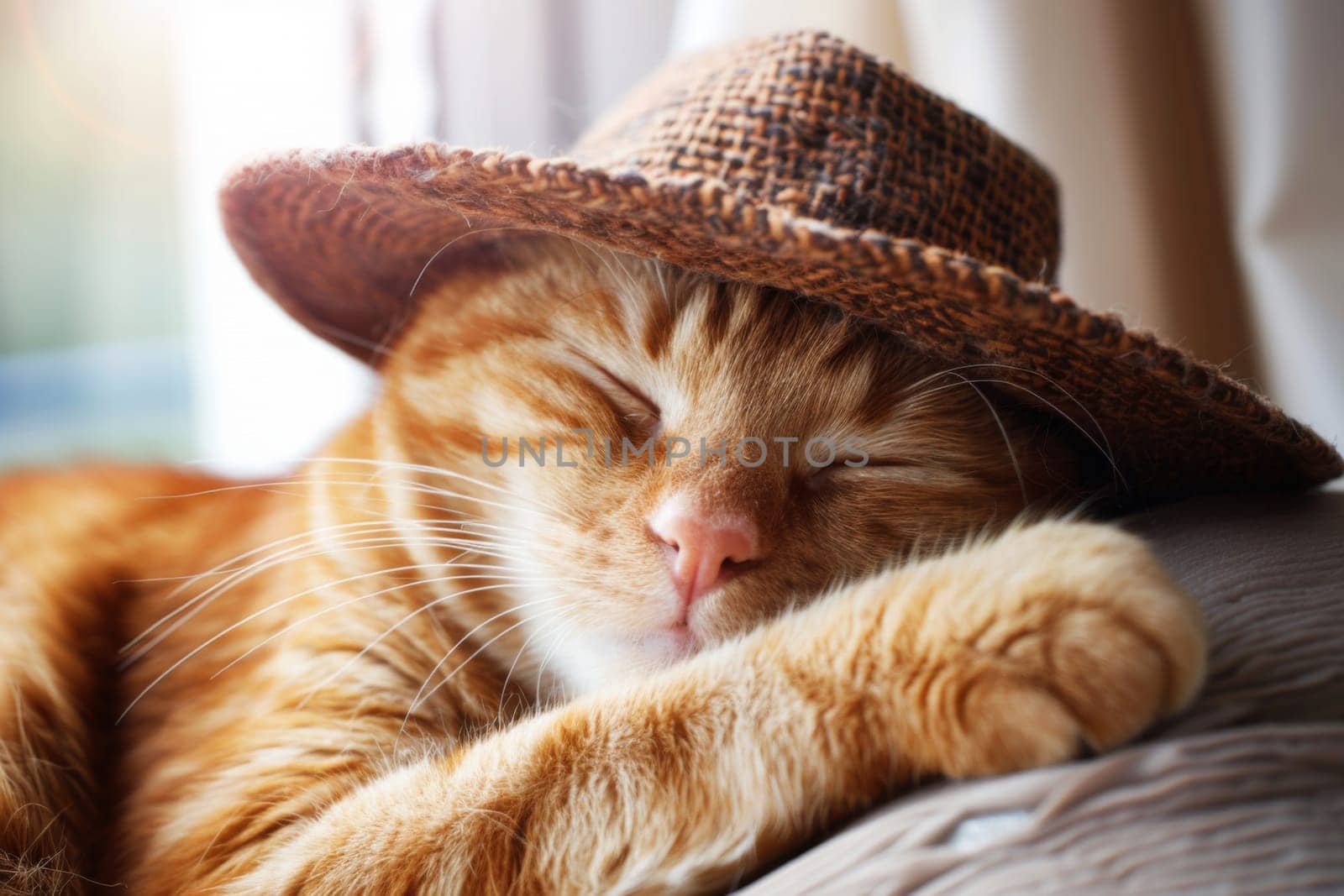 A domestic cat with a hat on its head peacefully sleeps on a bed. The cat is curled up in a cozy position, showing relaxation and comfort.