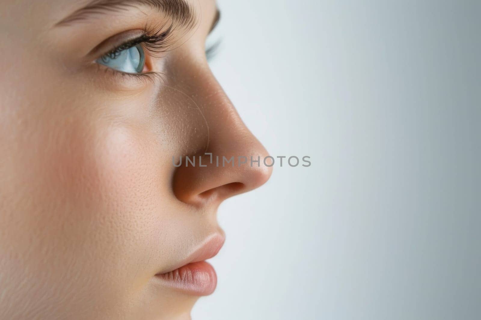 In this close up shot, a womans face is highlighted, showcasing her striking blue eyes. The focus is on the womans facial features, with particular attention drawn to her eyes.