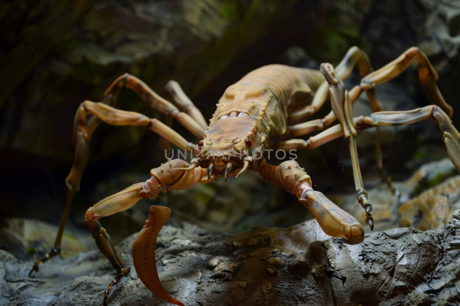 A detailed view of a crab perched on a rugged rock surface, showcasing its textures, colors, and intricate features in focus. The crab appears to be in a natural habitat, blending seamlessly with its surroundings.