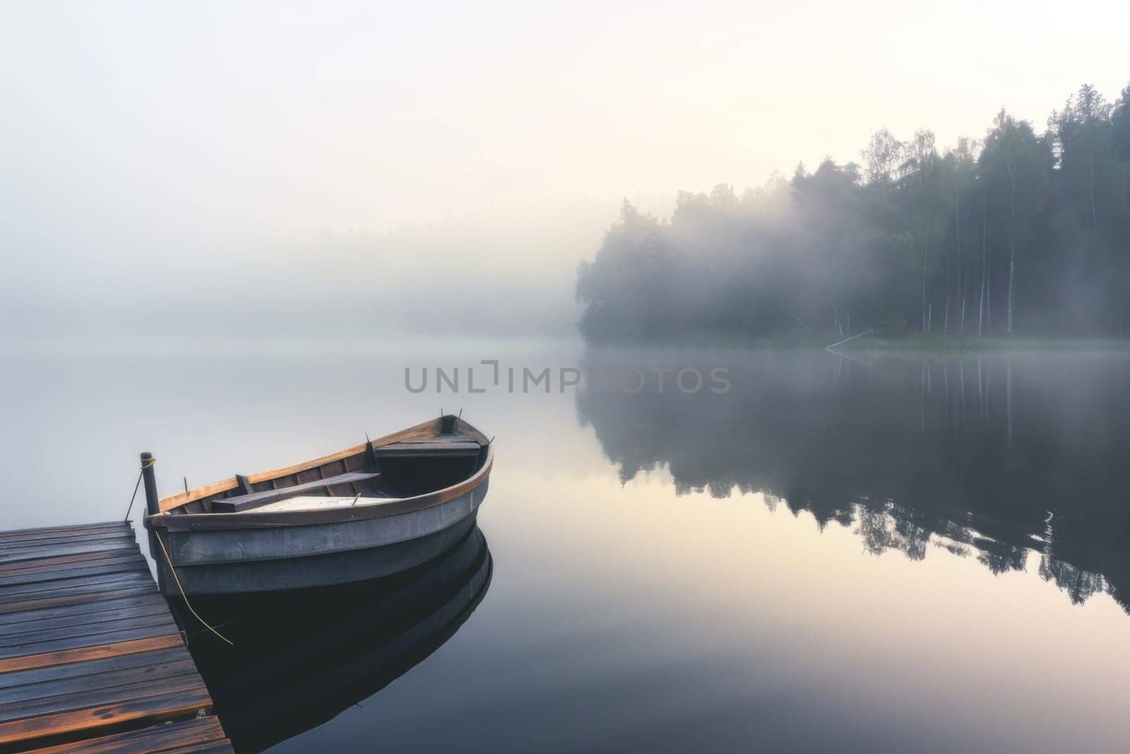 A boat is parked on top of a lake next to a wooden dock. The boats reflection is visible in the calm water.