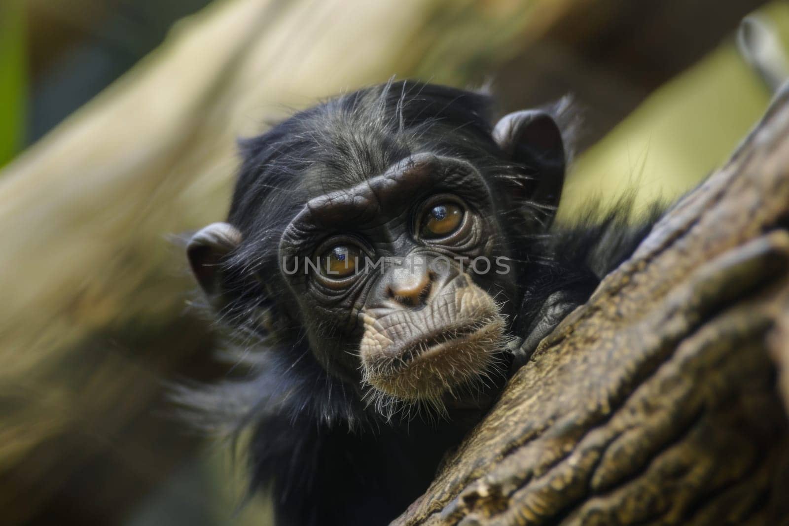 A small monkey is perched on the highest point of a tree branch, appearing content and alert as it surveys its surroundings. The monkeys fur is a mix of brown and black, blending in with the trees bark.