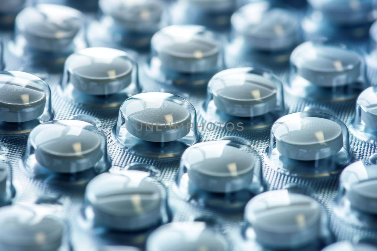 A detailed view of a cluster of transparent plastic buttons, neatly arranged and reflecting light. The buttons vary in size and shape, with visible holes and intricate designs.