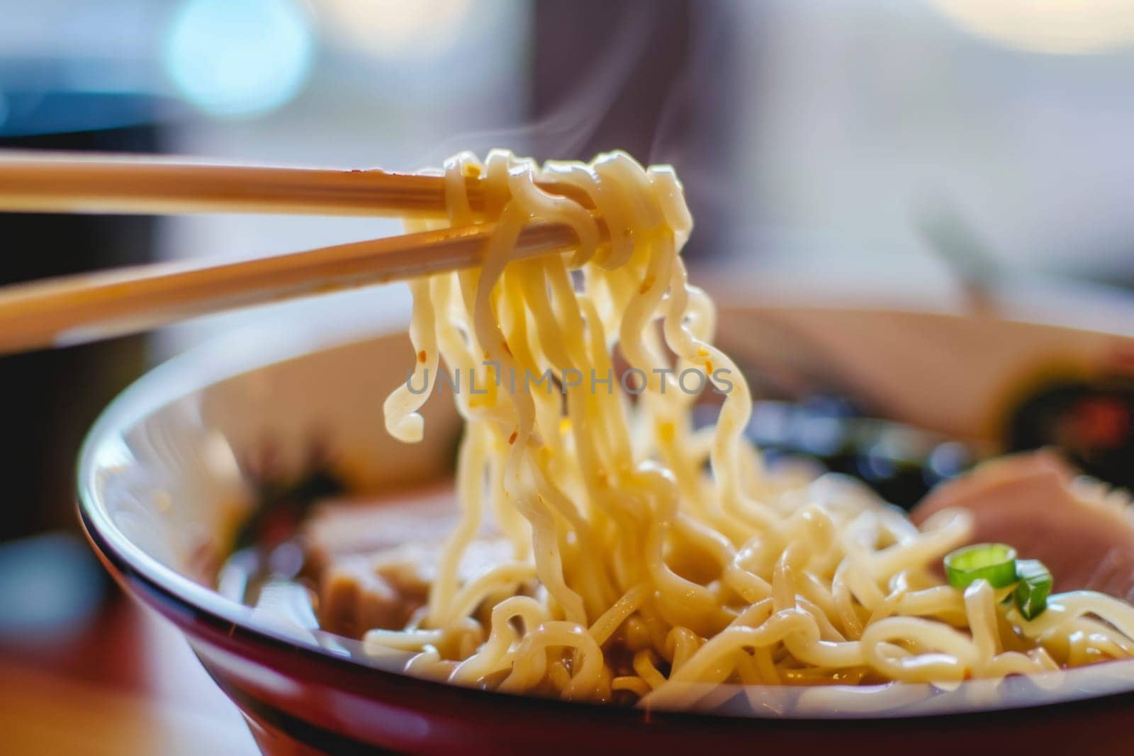 A bowl filled with steaming noodles is shown with a pair of chopsticks sticking out. The noodles appear to be freshly cooked and ready to be eaten.