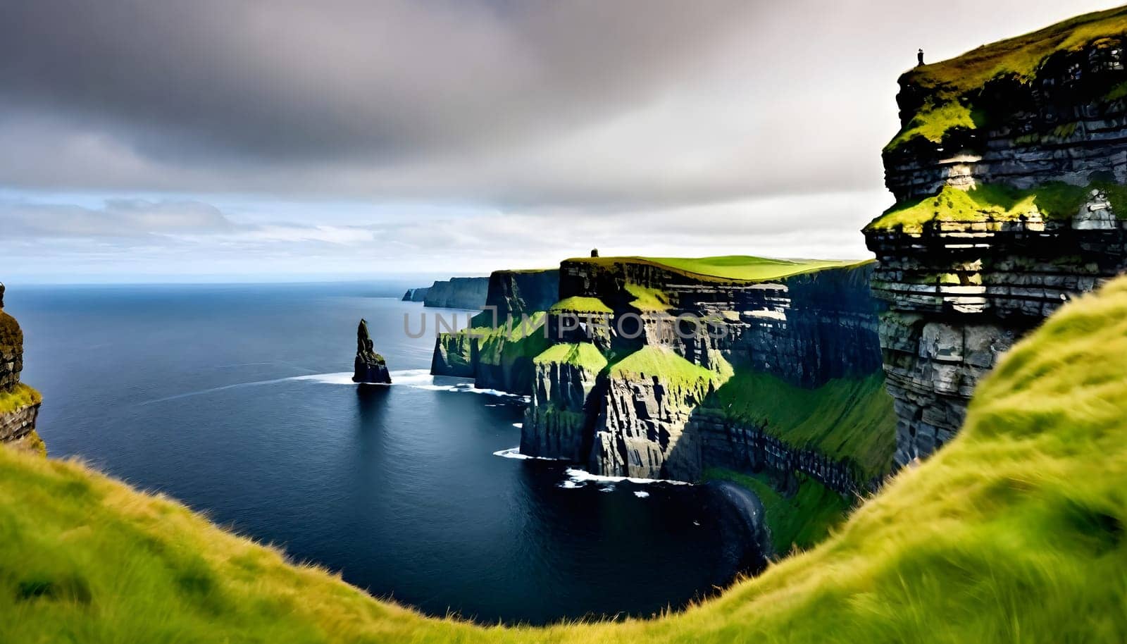 AI generated of a Cliffs of the mother, a large rock formation is in the water with a boat in the water