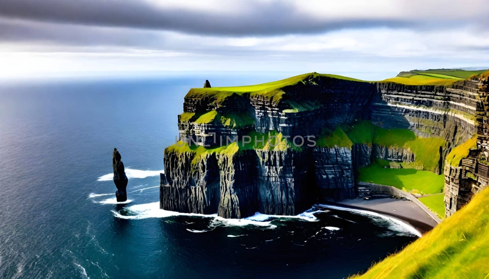 AI generated of a Cliffs of the mother, a large rock formation is in the water with a boat in the water