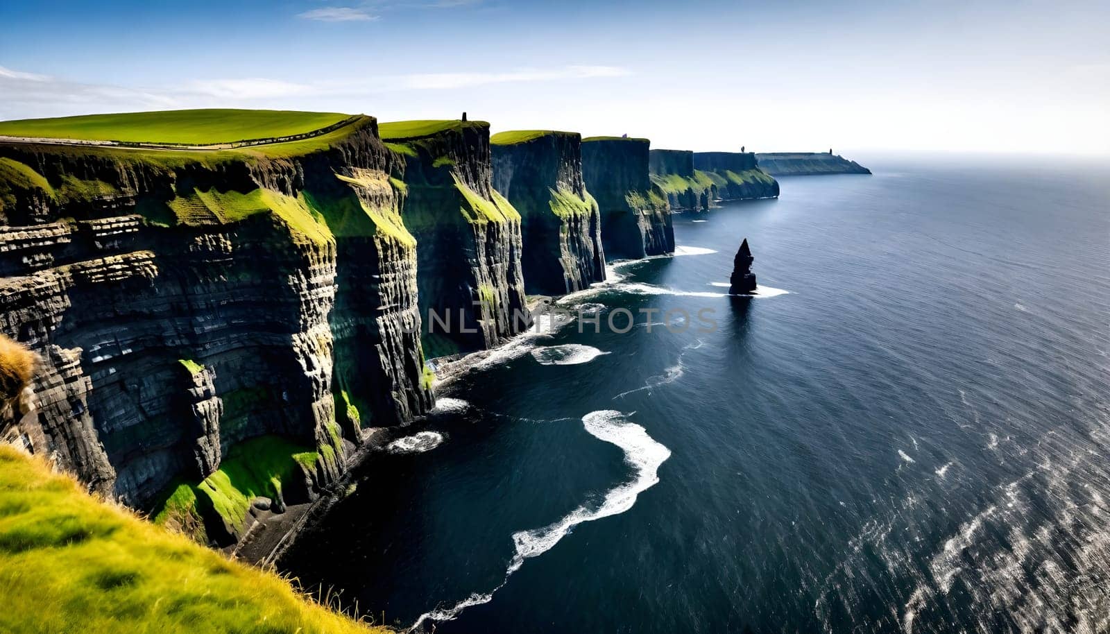 AI generated of a Cliffs of the mother, a large rock formation is in the water with a boat in the water