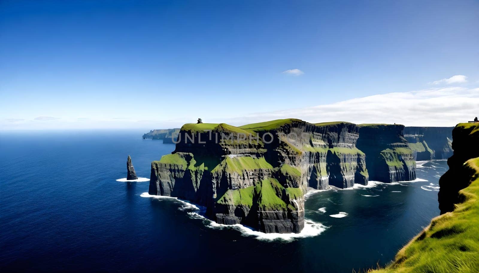 AI generated of a Cliffs of the mother, a large rock formation is in the water with a boat in the water
