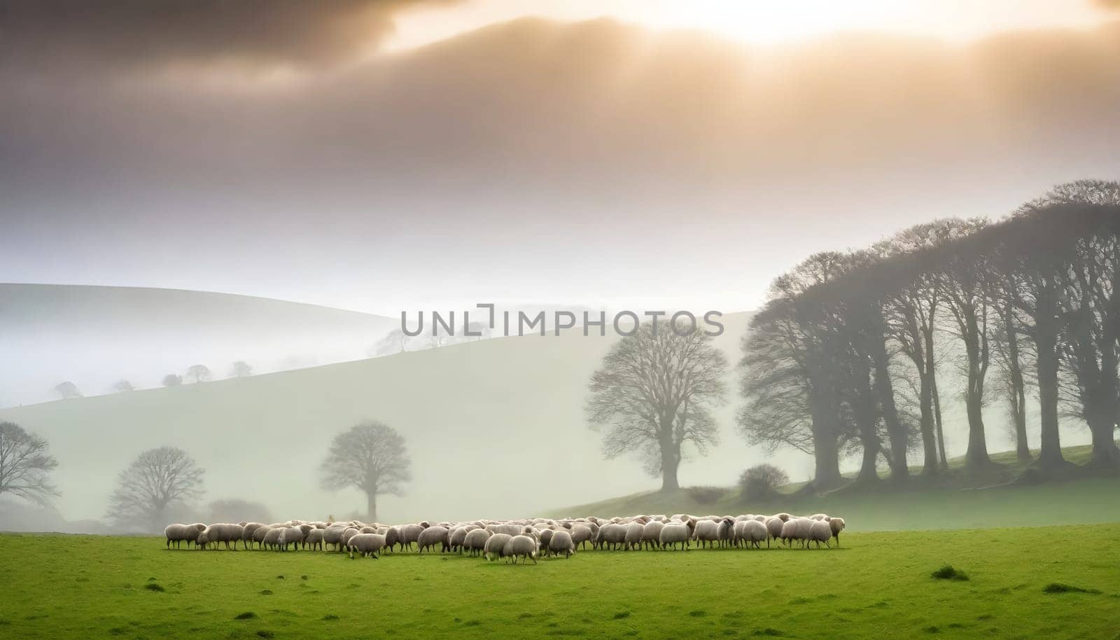 AI generated of the countryside of England, UK with field and meadows full of sheeps with misty sky