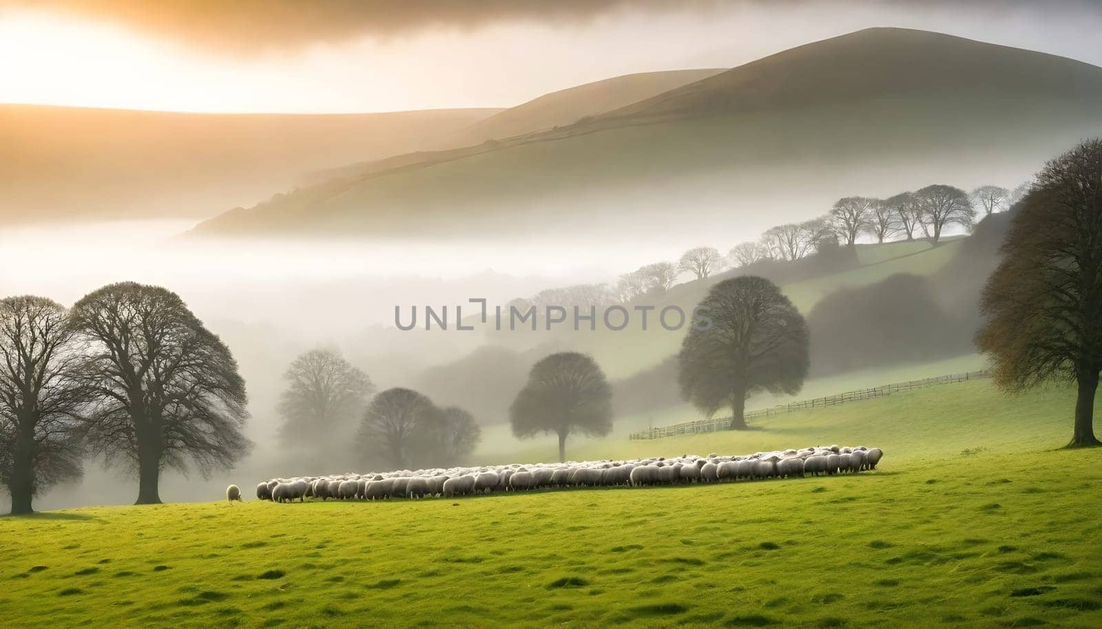 AI generated of the countryside of England, UK with field and meadows full of sheeps with misty sky