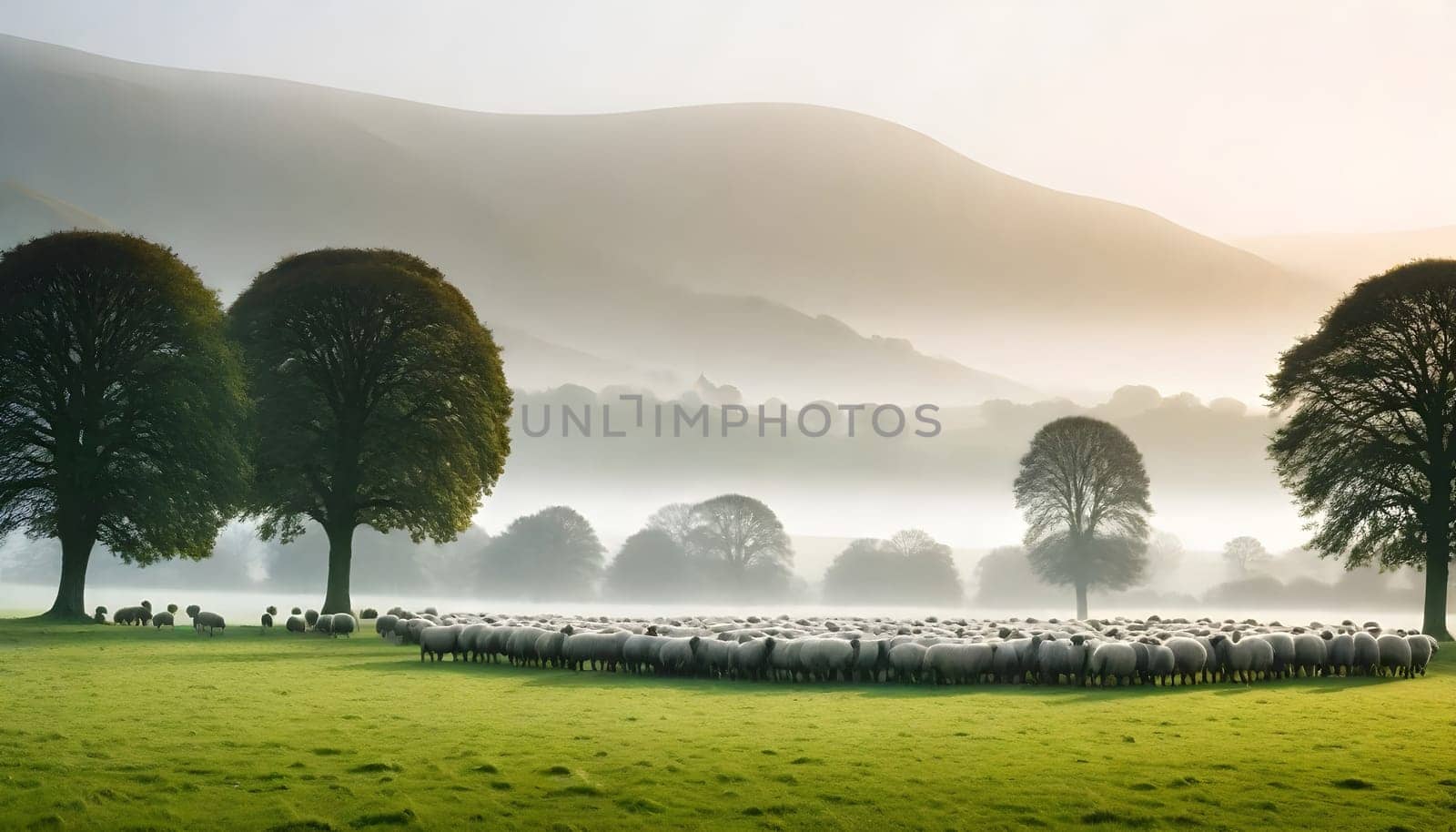 AI generated of the countryside of England, UK with field and meadows full of sheeps with misty sky