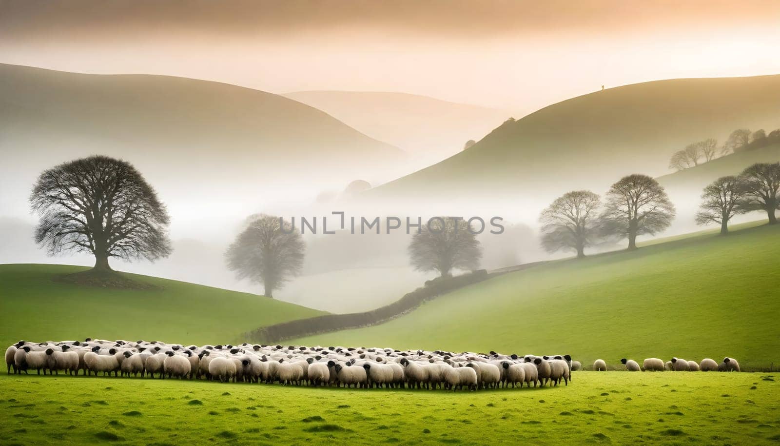 AI generated of the countryside of England, UK with field and meadows full of sheeps with misty sky
