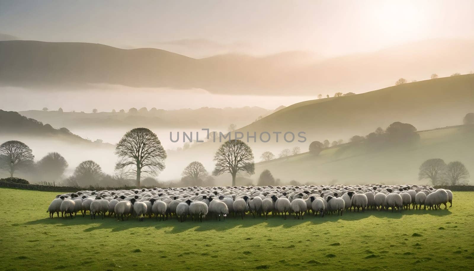 AI generated of the countryside of England, UK with field and meadows full of sheeps with misty sky