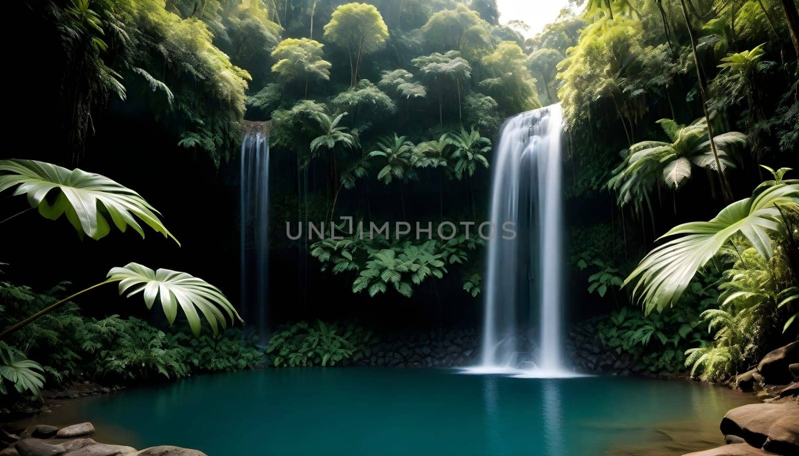 AI generated of a crystal clear pool with a picture of a waterfall in the jungle