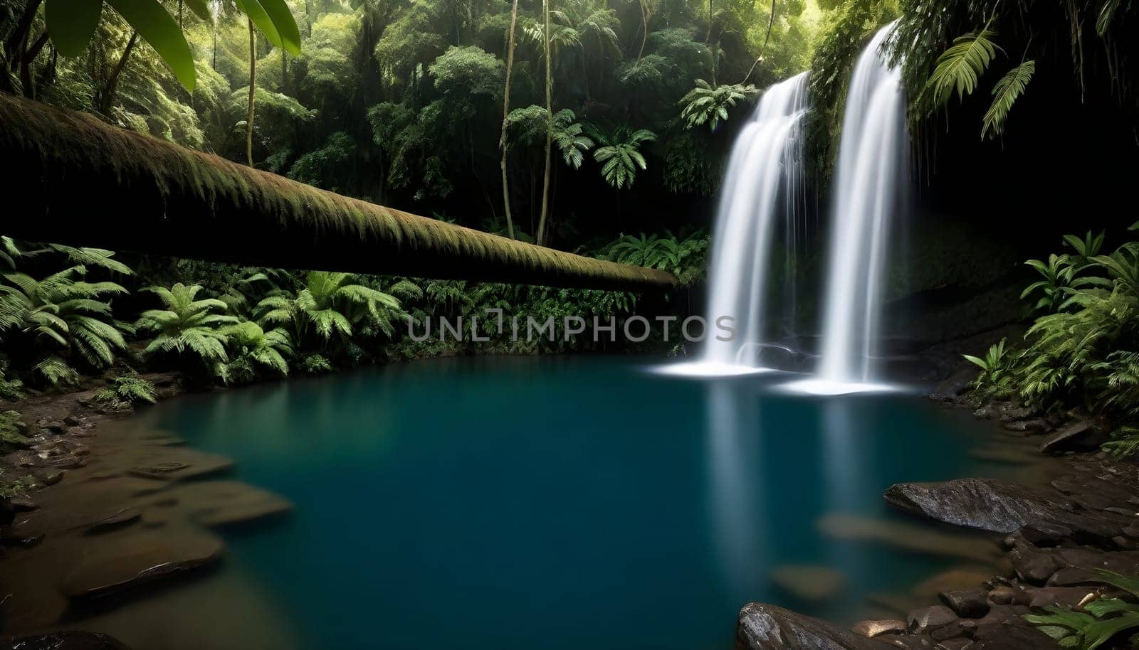 AI generated of a crystal clear pool with a picture of a waterfall in the jungle