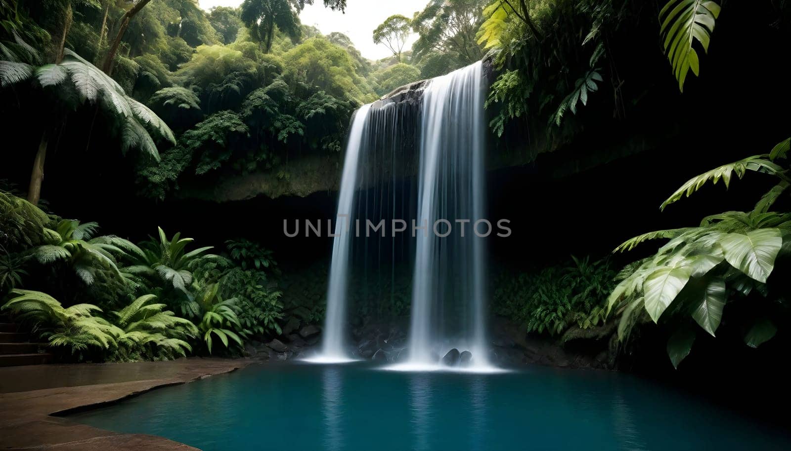 AI generated of a crystal clear pool with a picture of a waterfall in the jungle