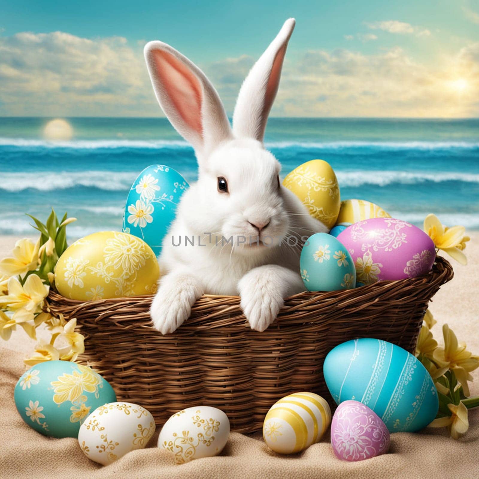 Easter bunny with easter eggs on the beach.