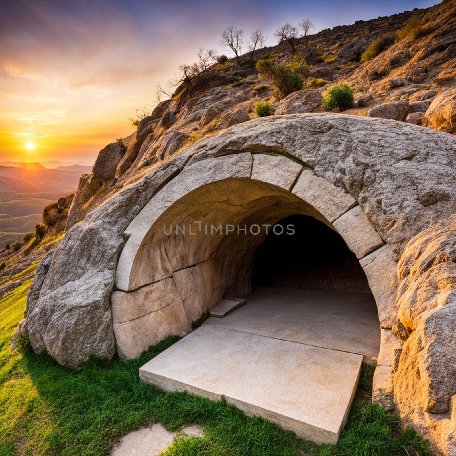 empty tomb of Jesus Christ at sunrise resurrection