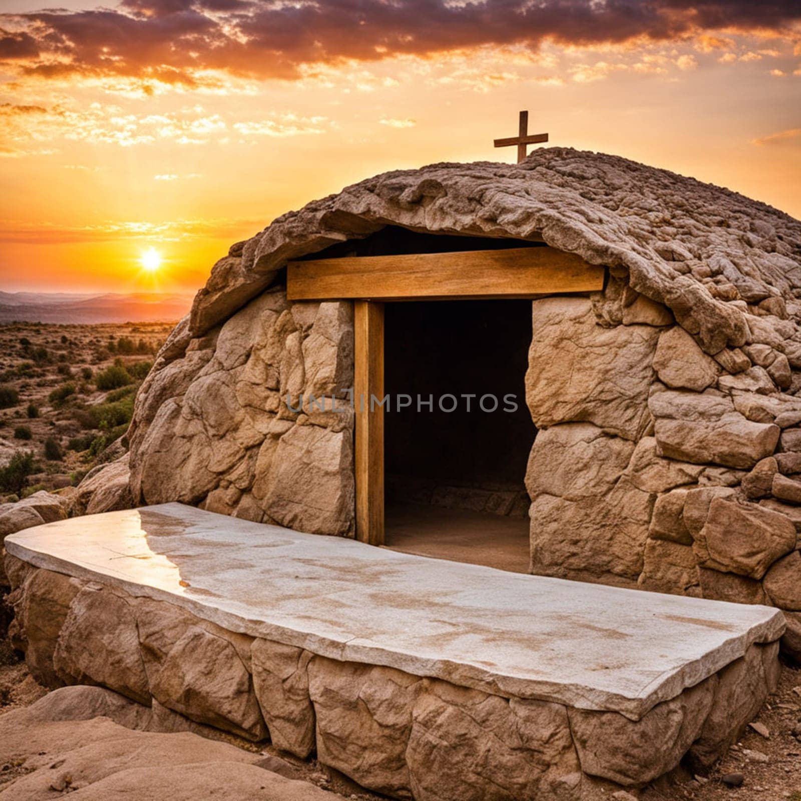 empty tomb of Jesus Christ at sunrise resurrection