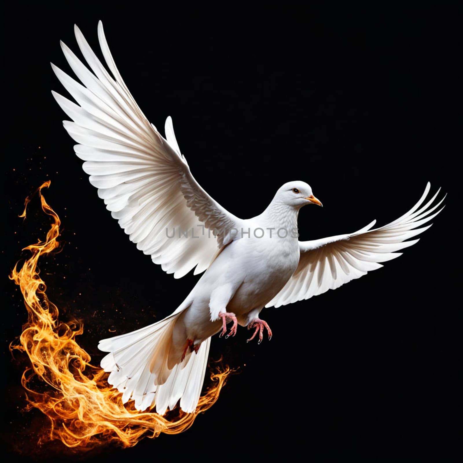 Flying white dove with fire effect on dark background. Symbol of peace.
