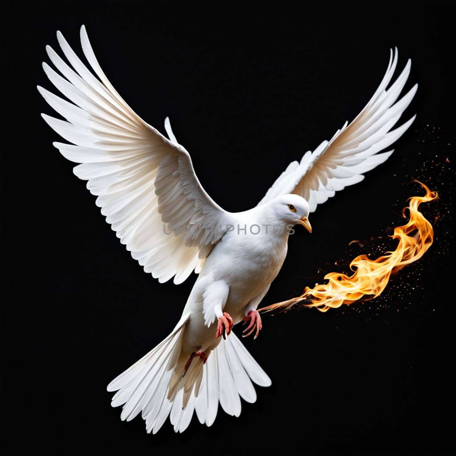 Flying white dove with fire effect on dark background. Symbol of peace.