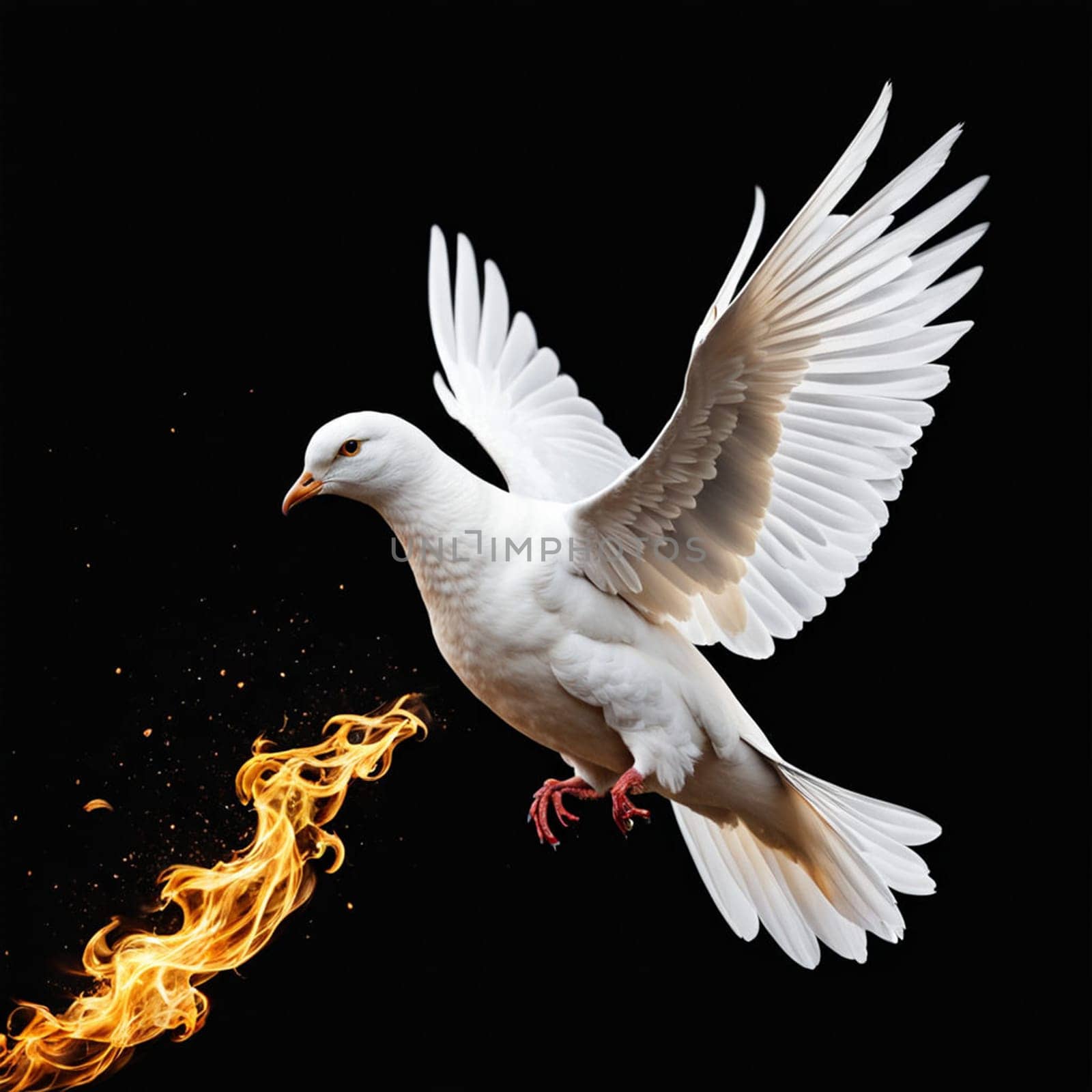 Flying white dove with fire effect on dark background. Symbol of peace.