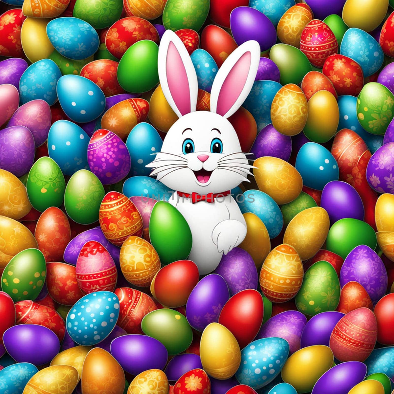 Happy Easter bunny with many colorful easter eggs.
