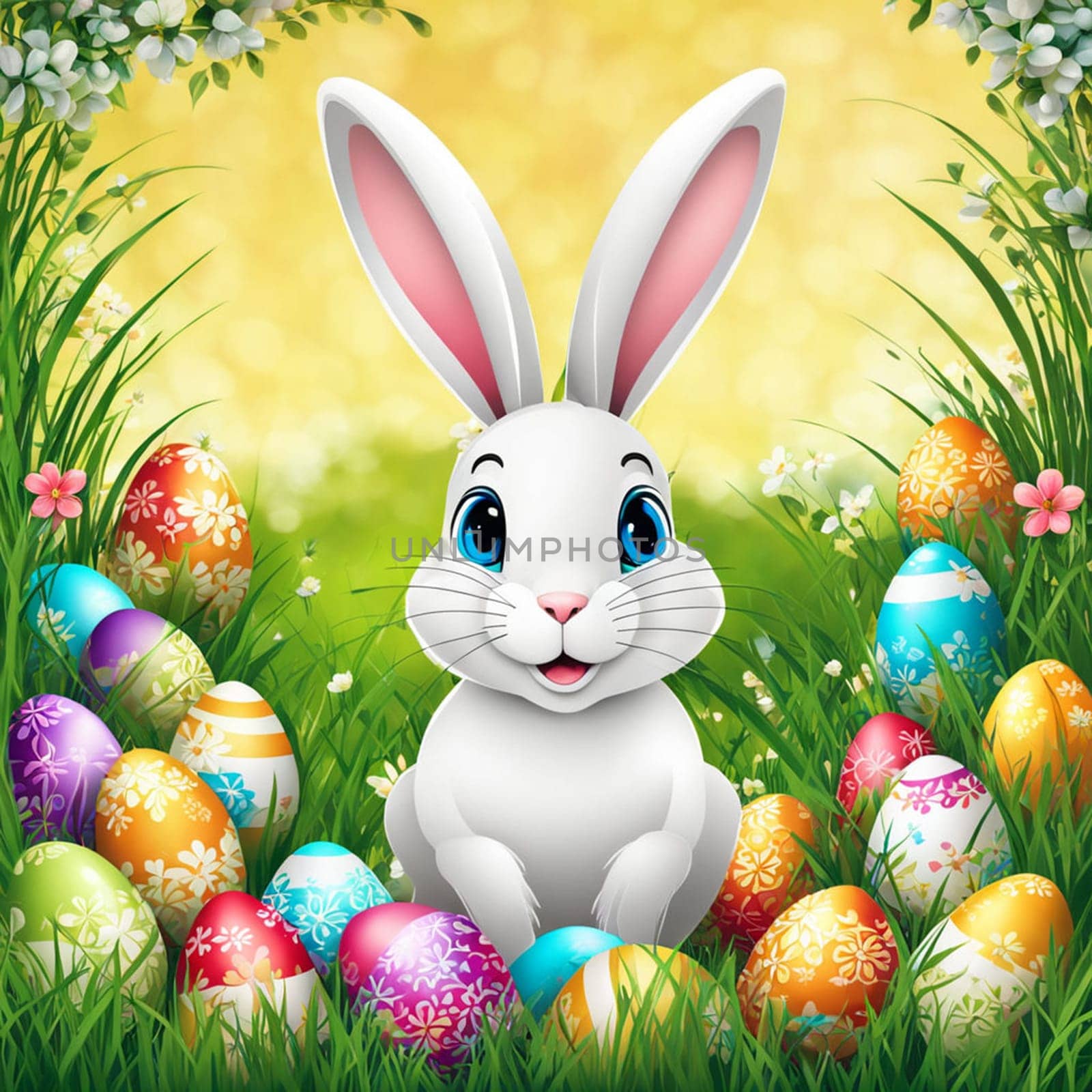 happy easter bunny in easter meadow with eggs and copy space
