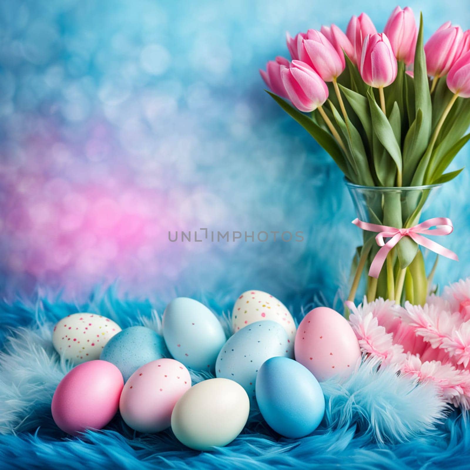 Easter background with eggs, tulips flowers and copy space for text. Soft, pastel colors decoration Perfect for holiday-themed designs, greeting cards, postcard and painted colorful Easter eggs Banner