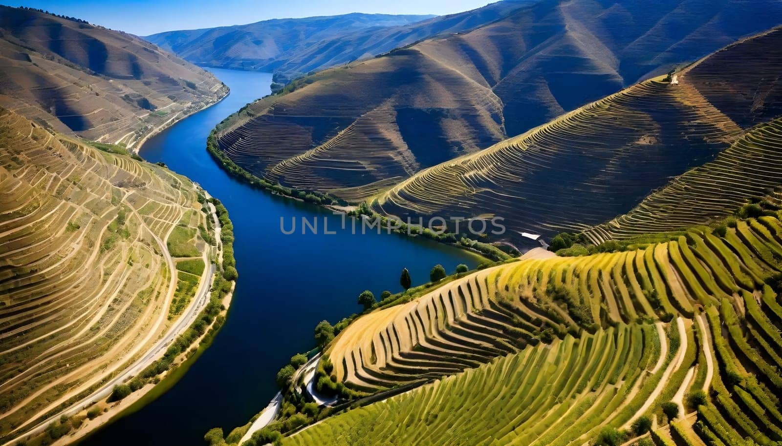 AI generated of a river with vineyard in the background and a river in the middle