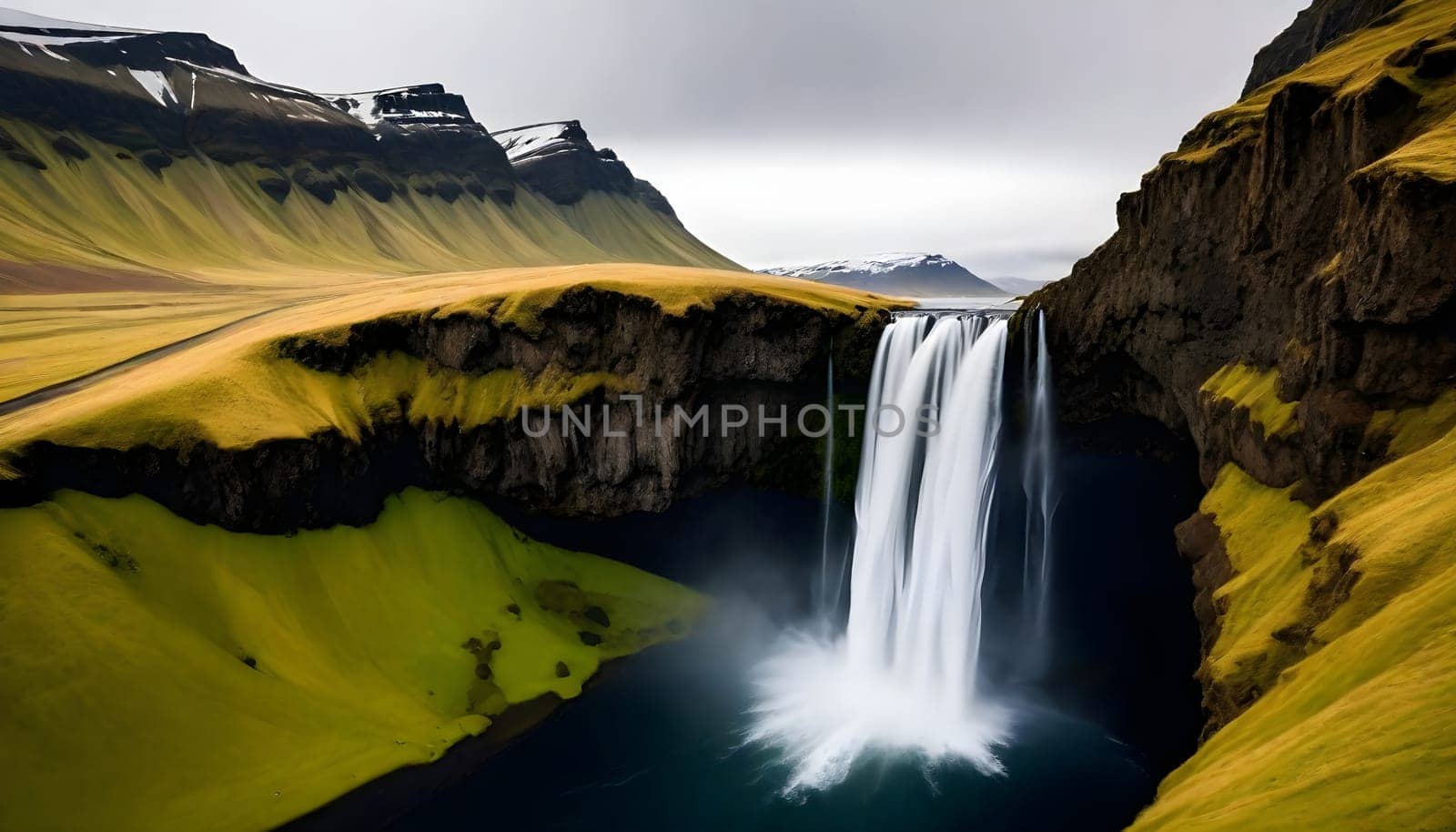 AI generated of a waterfall with a green grass and a mountain in the background