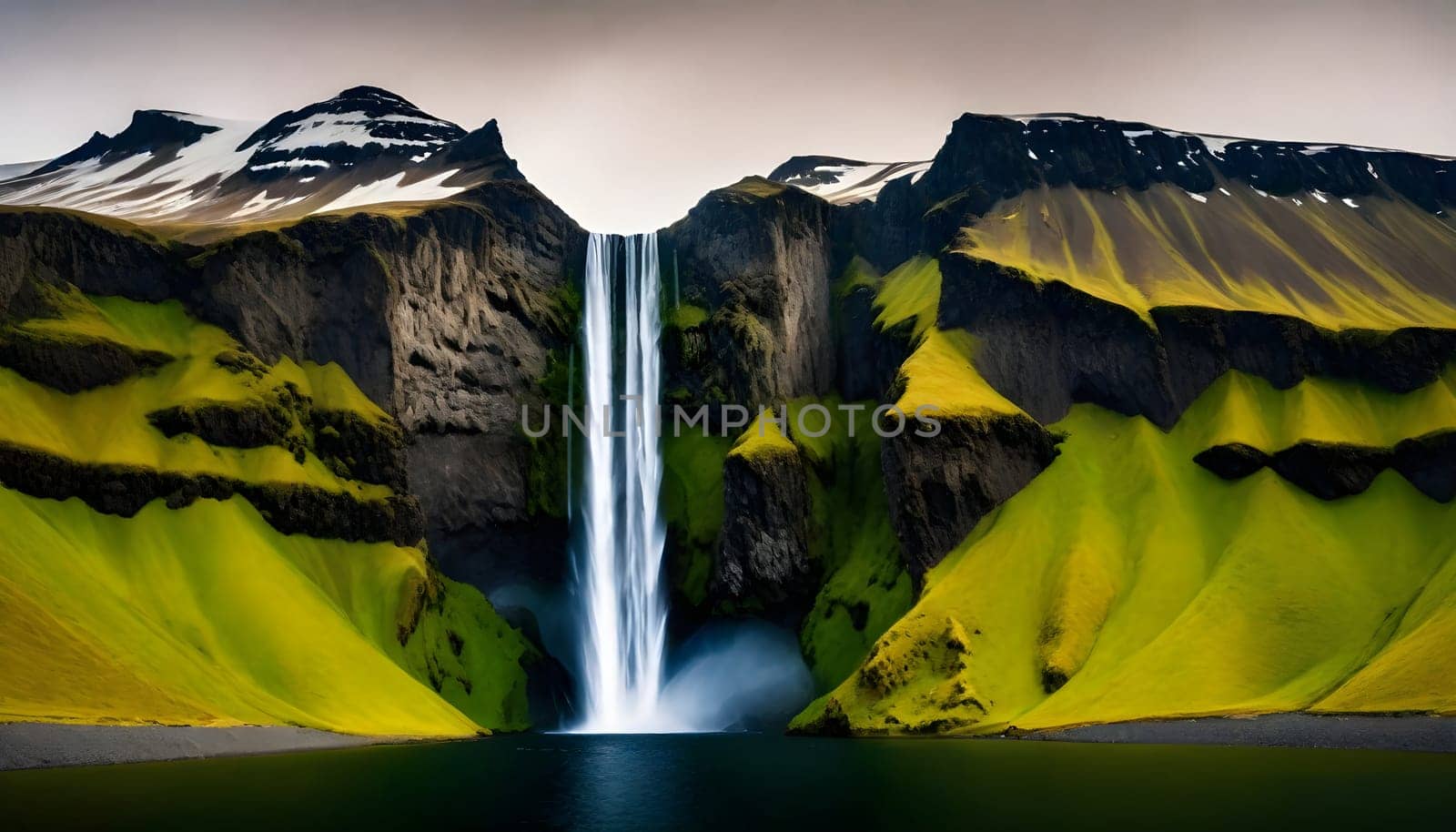 AI generated of a waterfall with a green grass and a mountain in the background