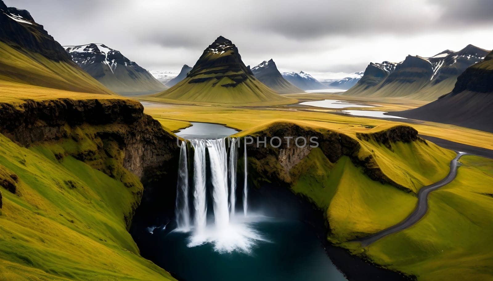 AI generated of a waterfall with a green grass and a mountain in the background