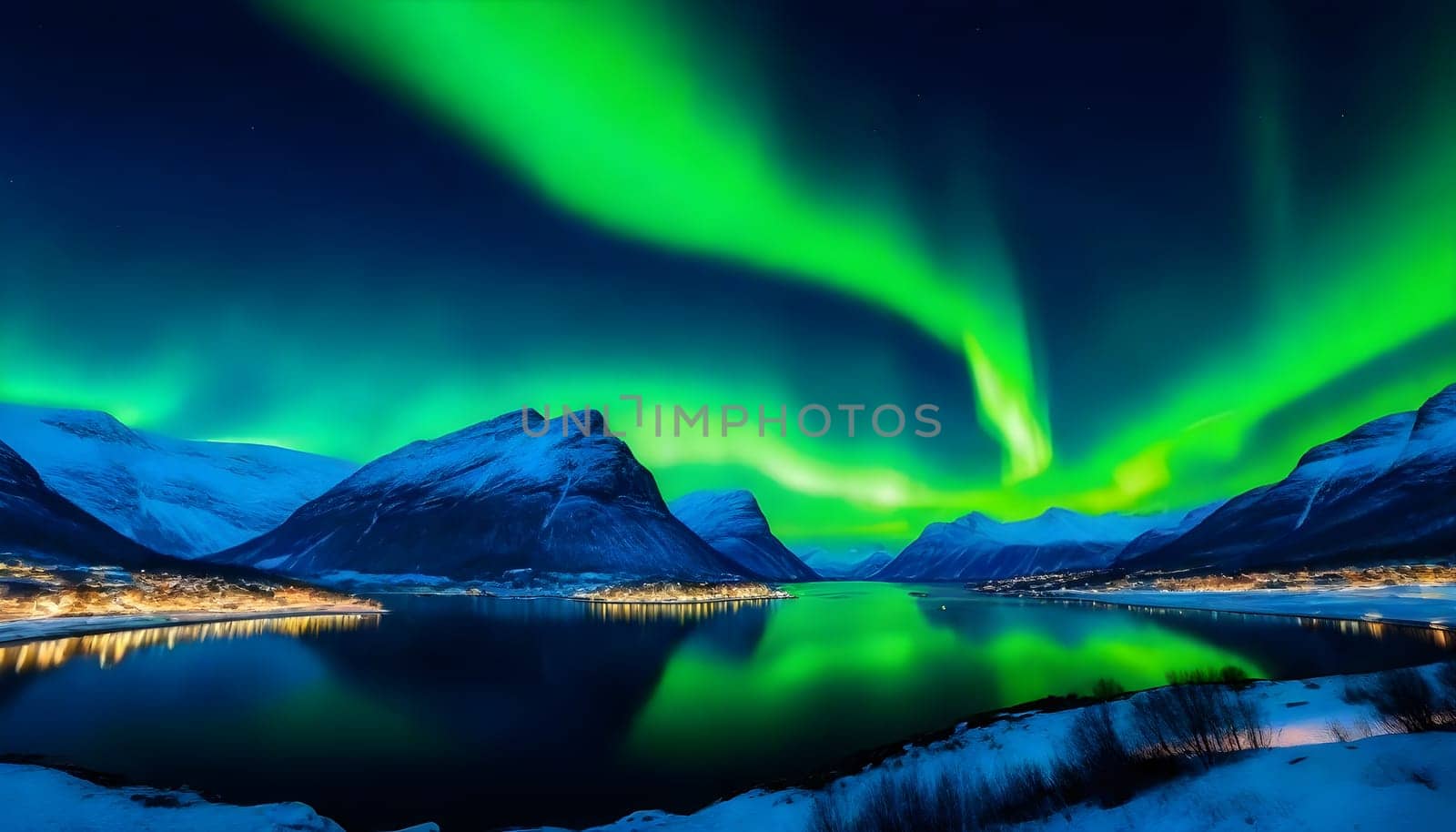 AI generated of a green aurora over a mountain lake