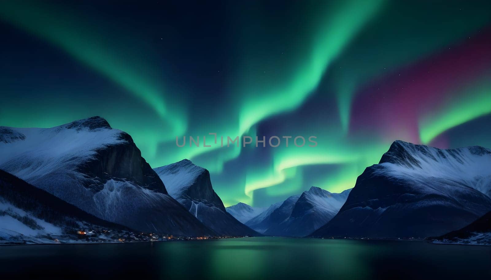 AI generated of a green aurora over a mountain lake