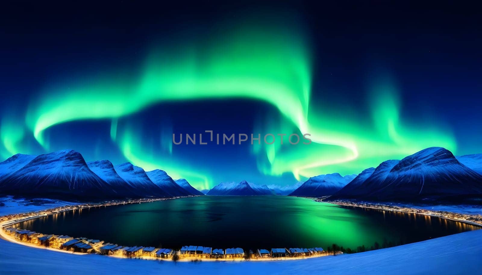AI generated of a green aurora over a mountain lake