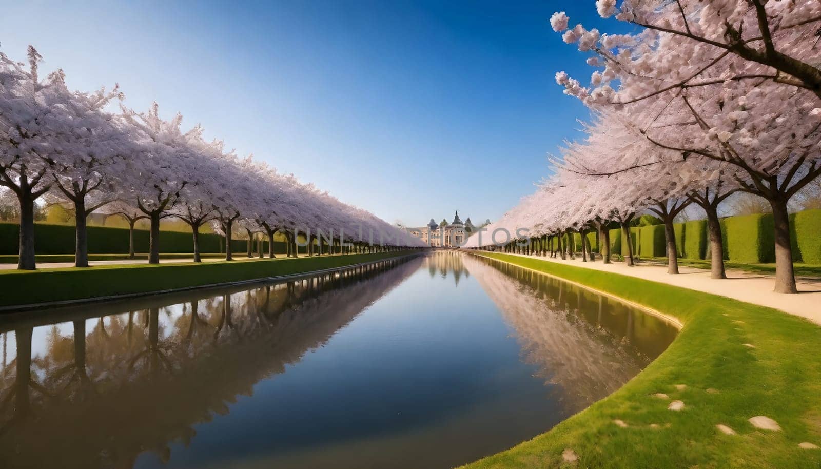 AI generated of a row of cherry trees with the sky in the background